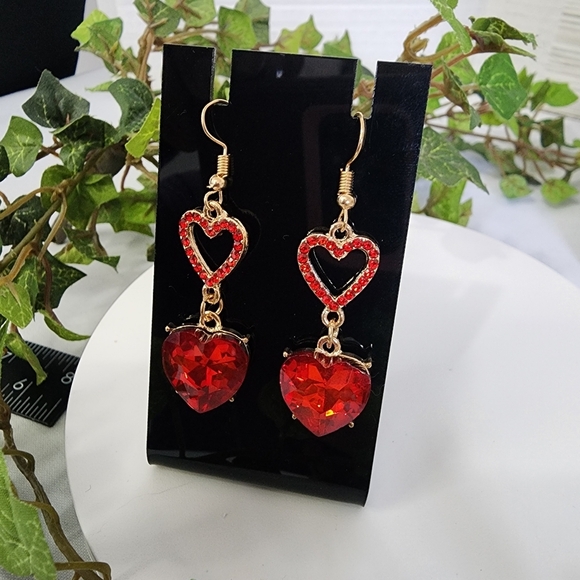 Gold with Red Crystal Double Heart Drop Earrings New - Picture 6 of 7